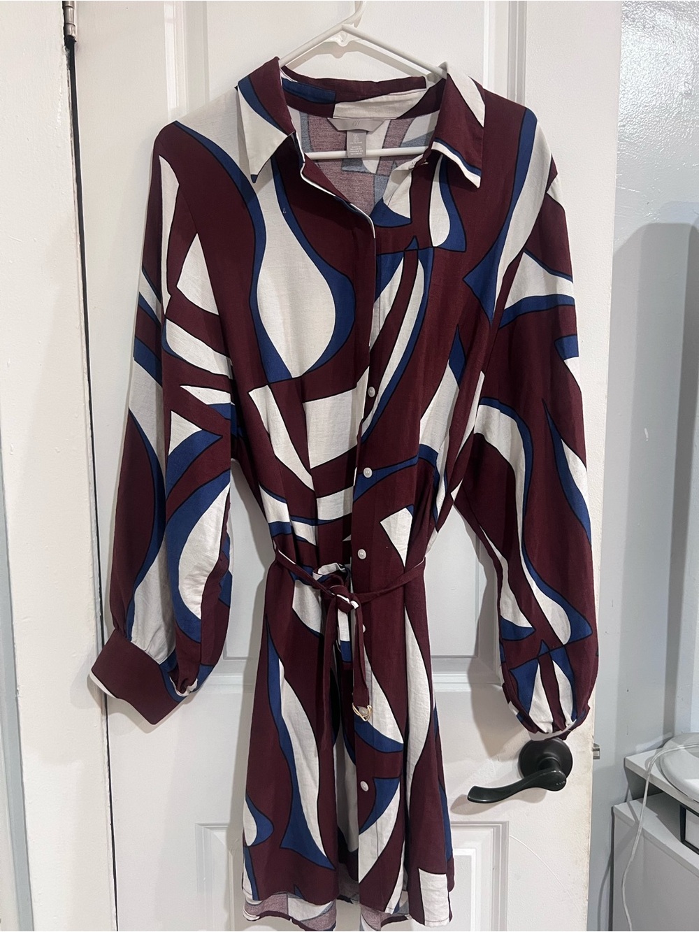 H&M Burgundy, Blue & White Long Sleeve Shirt Dress
